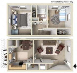 Floor plan for 2 beds, 1.5 baths, 1024 sqft